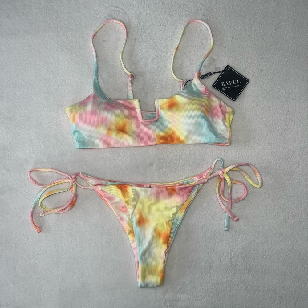 Zaful Pink and Yellow Bikini Set Vibrant Tie-Dye